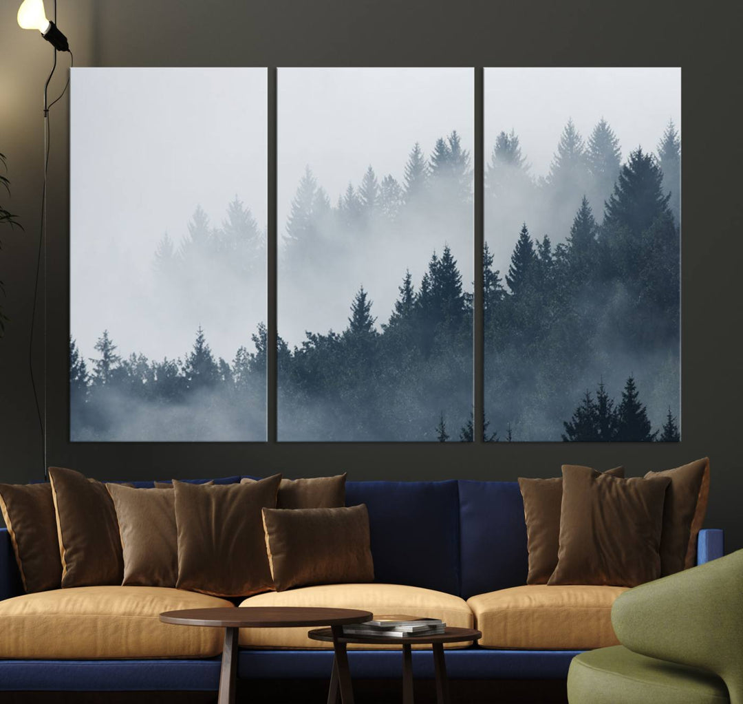 A large Foggy Pine Forest Wall Art Canvas Print.