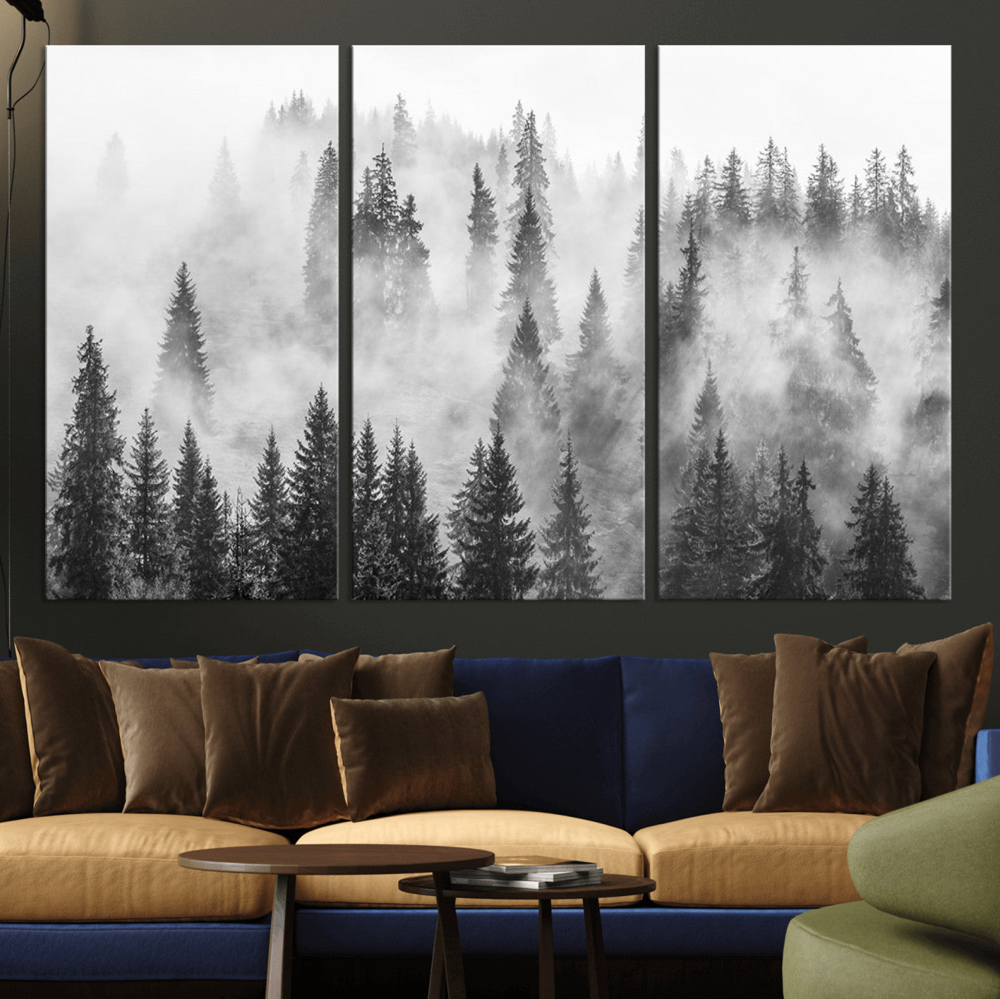 MGV-CV-48X32-3P - Forest Wall Art Print | Foggy Pine Forest Canvas Wall Art - Black and White Nature Decor for Living