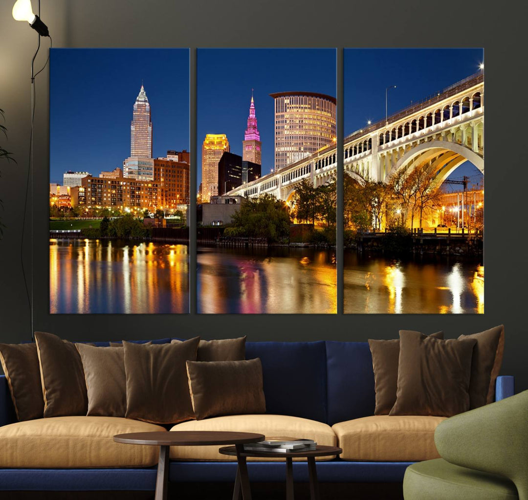 The Cleveland City Lights Canvas showcases a lit-up bridge and cityscape at night.