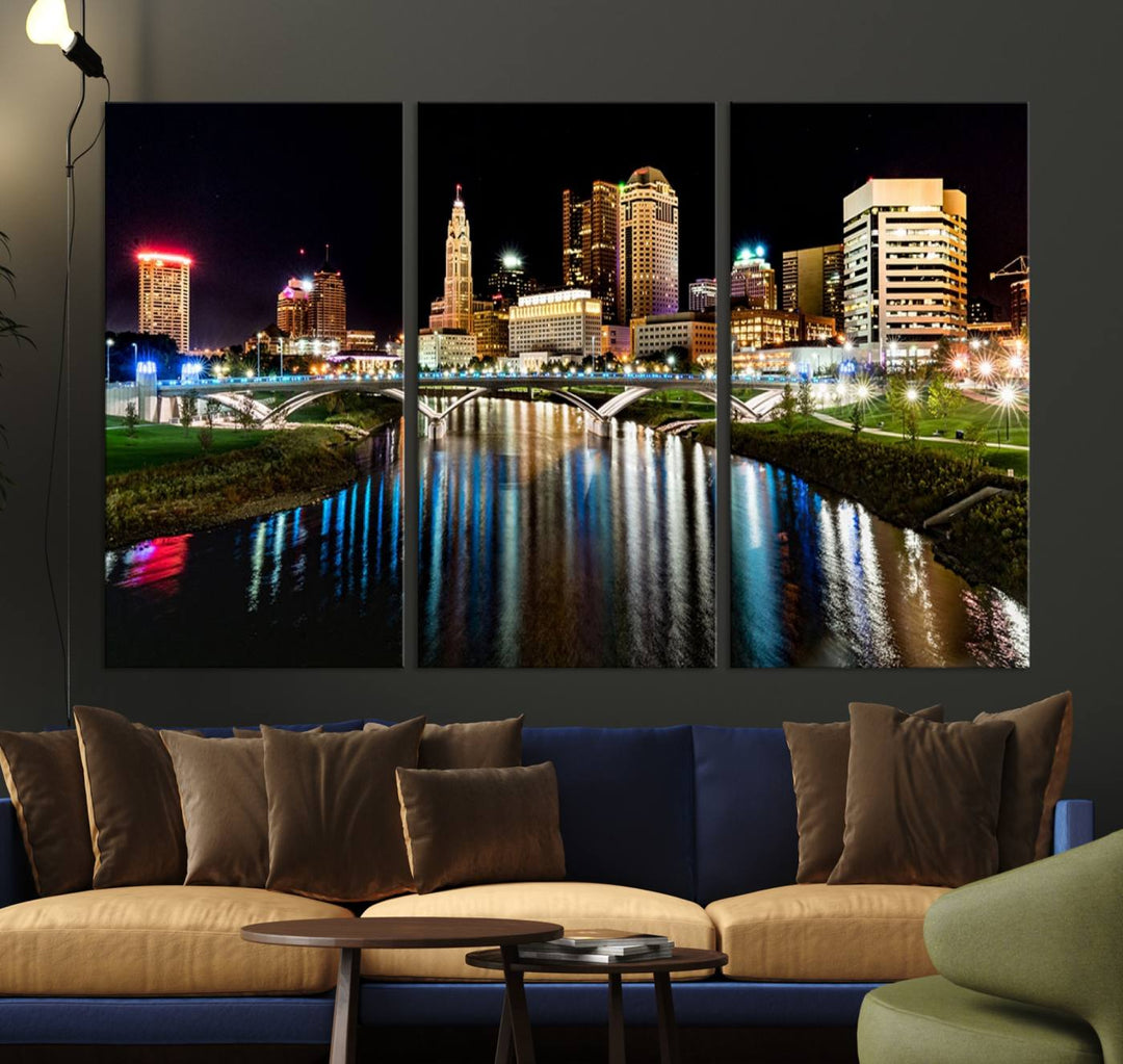 The Columbus City Lights Night Skyline Wall Art Canvas Print adorns the wall.