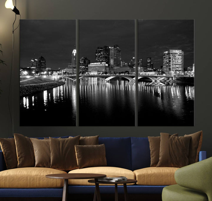 Columbus City Lights Skyline canvas print in black and white, featuring museum-quality craftsmanship and free shipping.