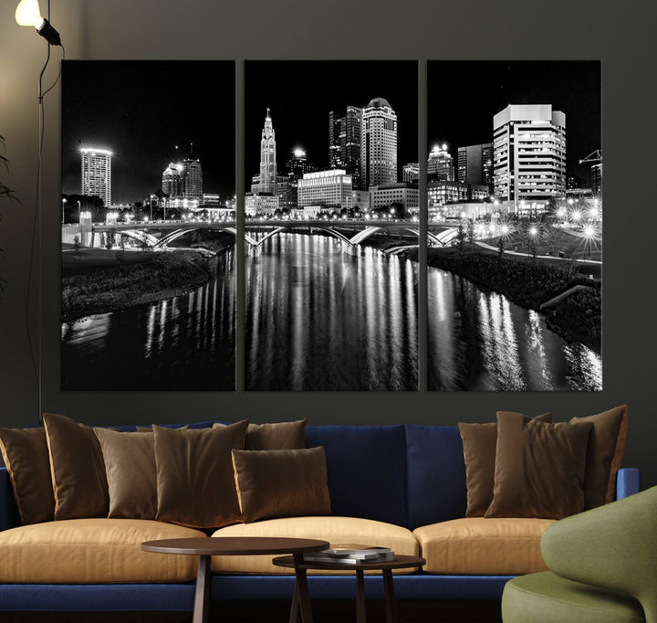 Columbus City Lights Skyline Black and White Canvas with UV coating.