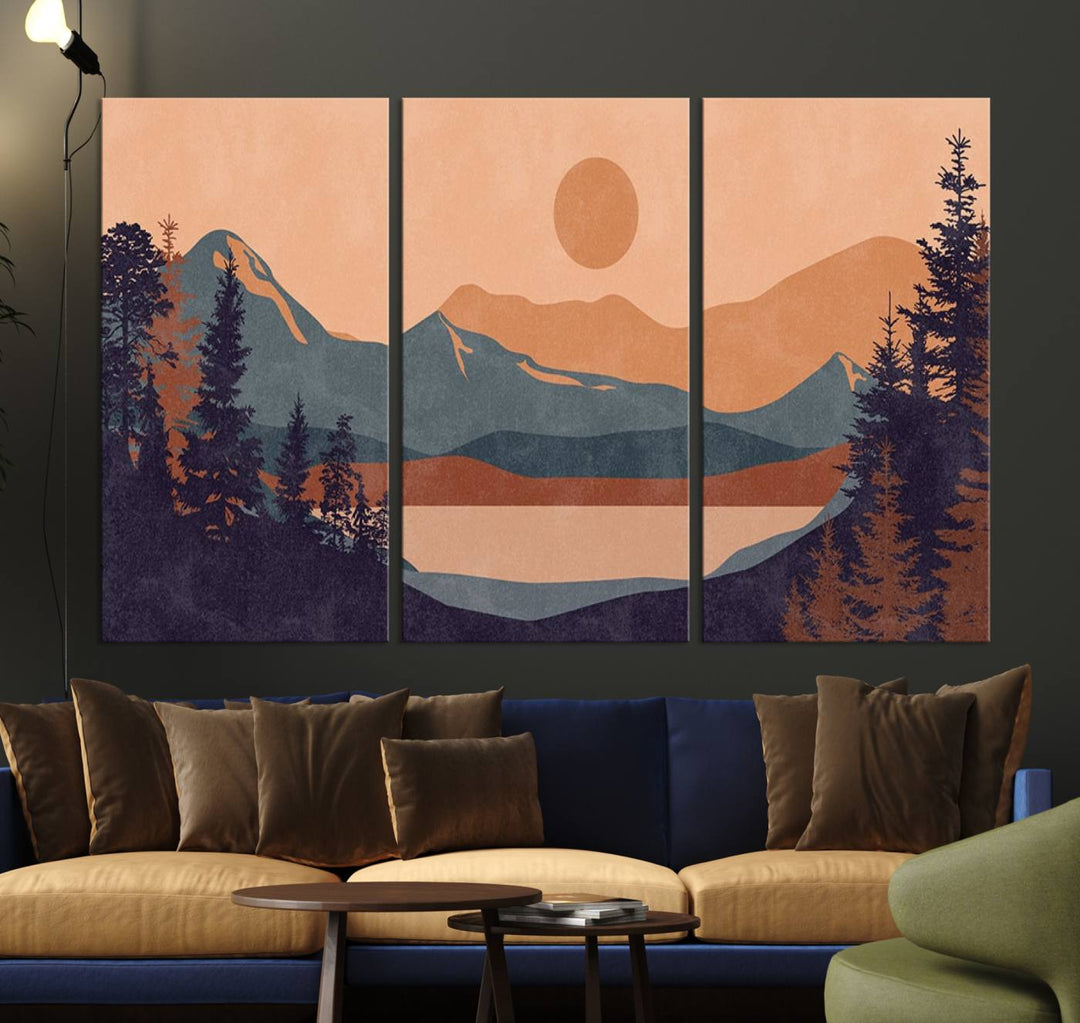 The Modern Boho Sunset Triptych displays a mountain sunset.