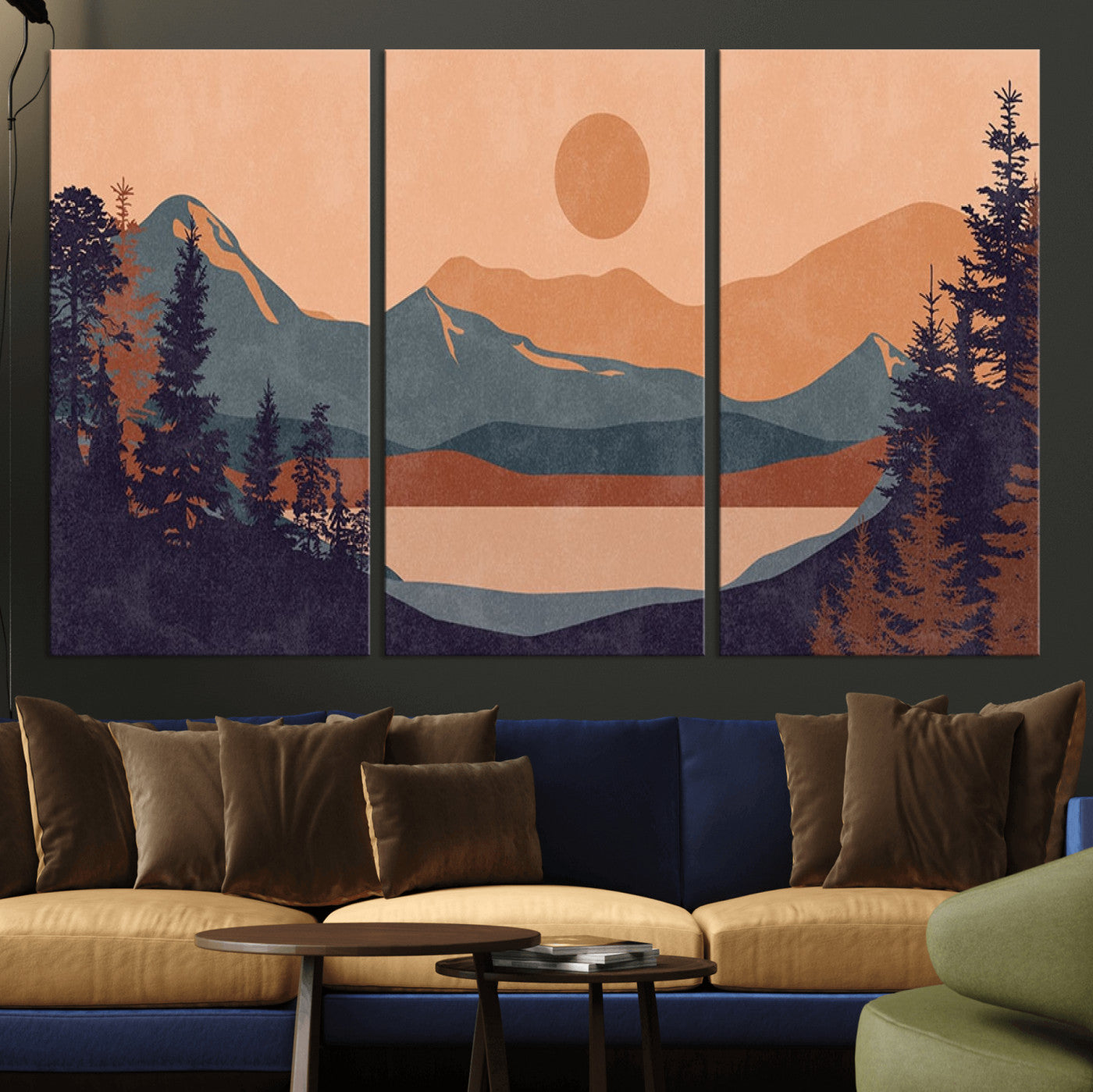 MGV-CV-48X32-3P - Modern Boho Sunset Canvas Print, Mountain Landscape Triptych – Giclée Canvas Art Print for Living