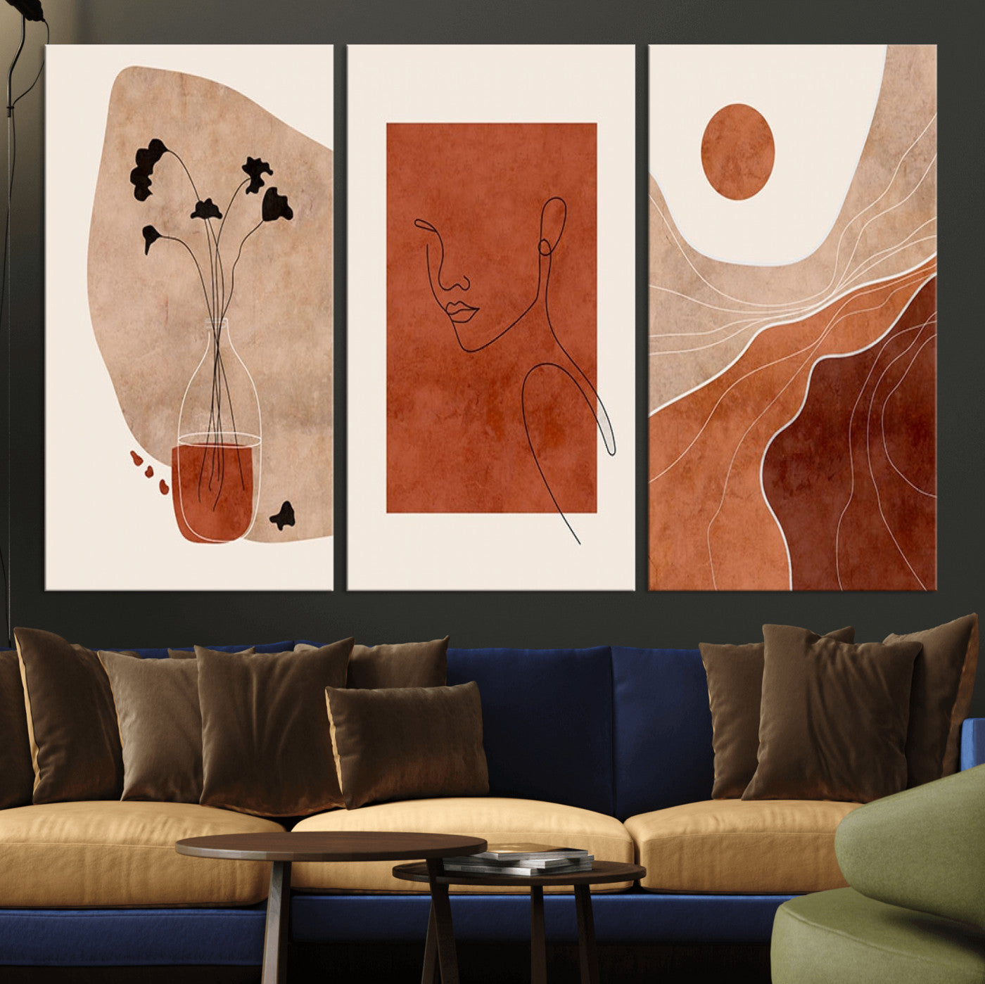 MGV-CV-48X32-3P - Boho Sunset Mountain Canvas Print, Modern Boho Sunset Mountain Landscape Triptych – Giclée Canvas