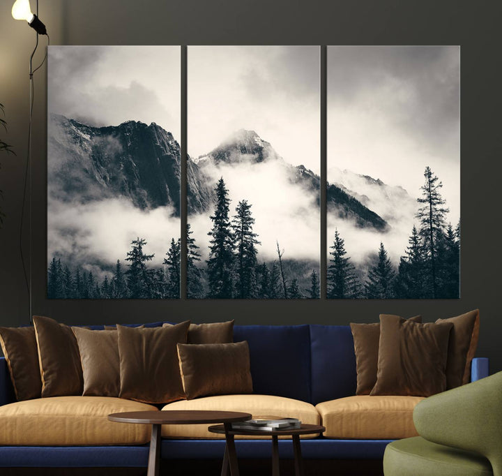 Forest Mountain Print - Black and White Canvas.