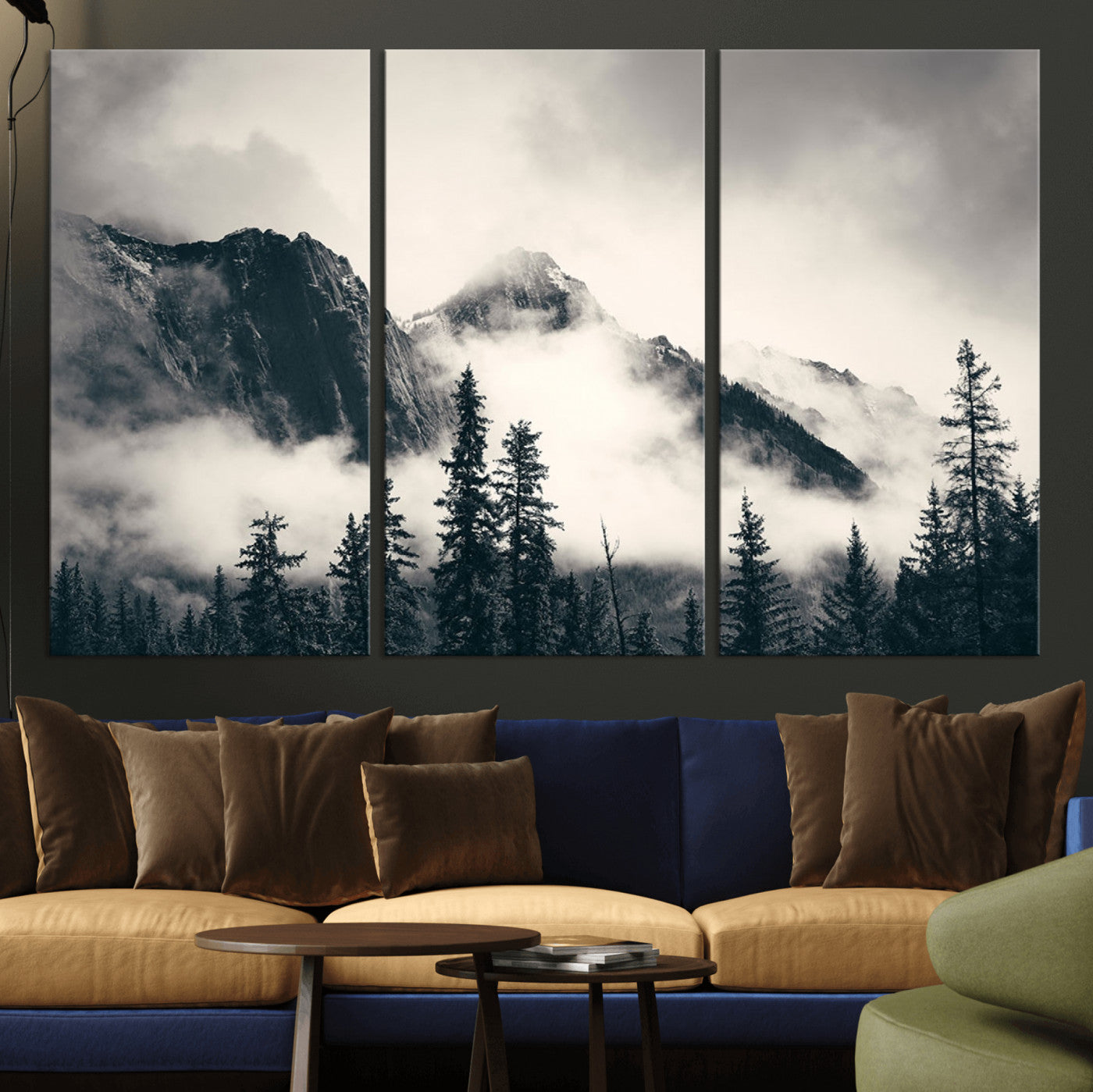 MGV-CV-48X32-3P - Large Foggy Mountain Forest Wall Art Canvas Print | Misty Mountain Peaks and Pine Trees Print |