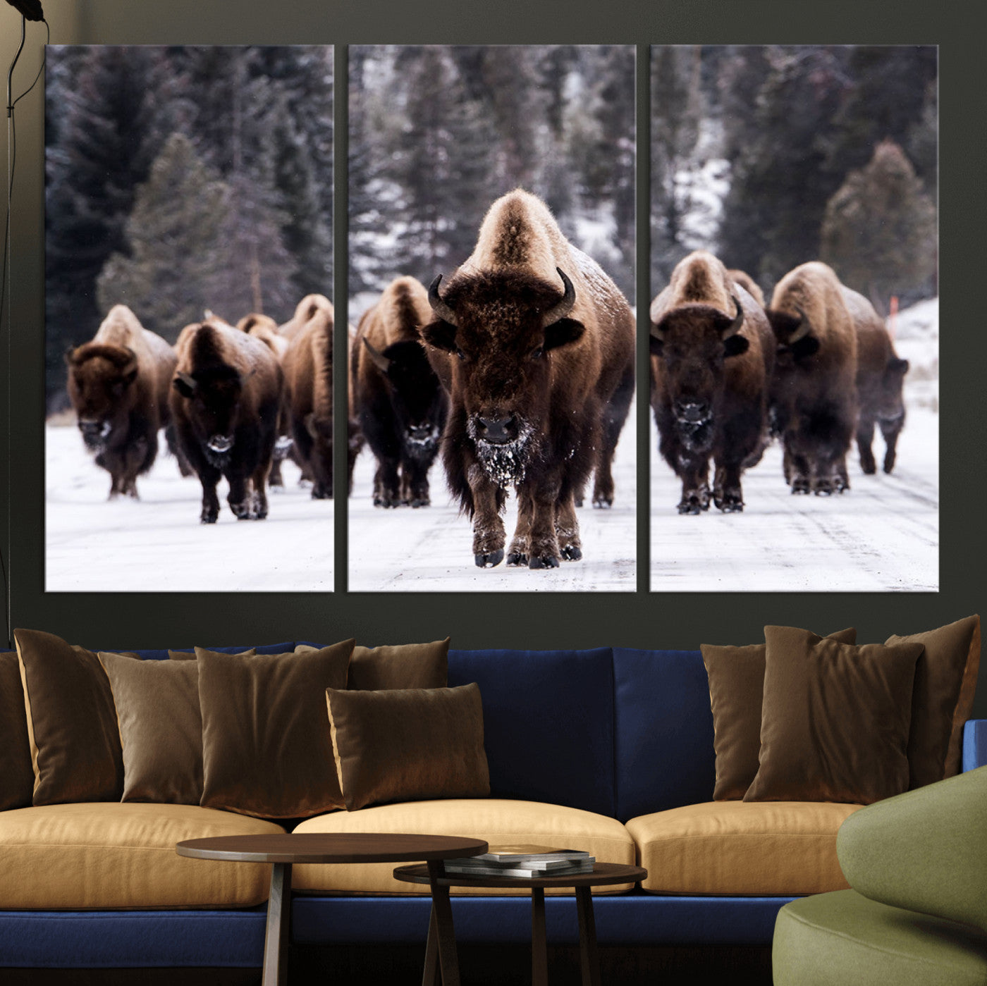 MGV-CV-48X32-3P - Bison Wall Art Canvas Print- Bison Herd Canvas Wall Art – Majestic Wildlife Photography – Framed and