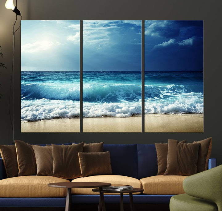 The Majestic Ocean Wave Wall Art Canvas, a 3-panel seascape print, is featured prominently.