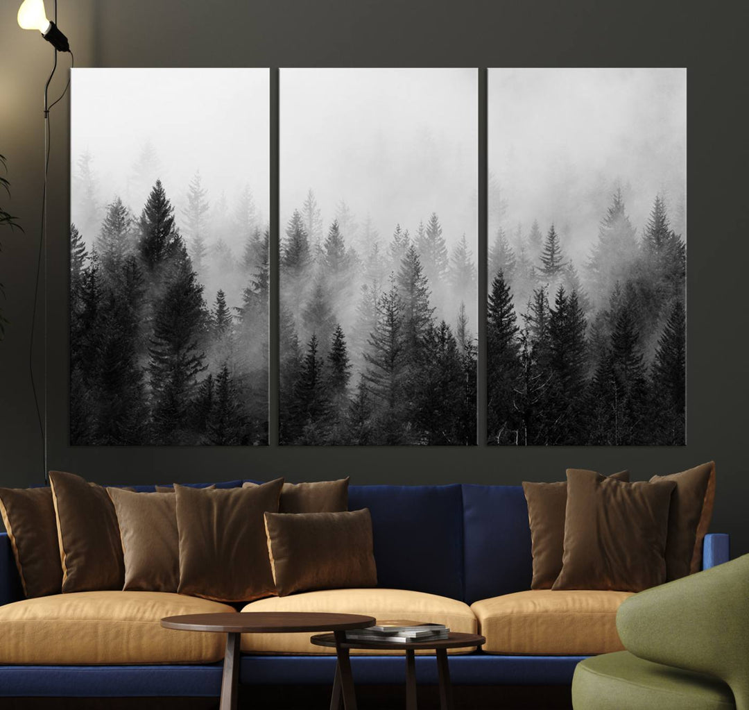 Fogy Forest Canvas Art features misty pines and a mountain landscape.