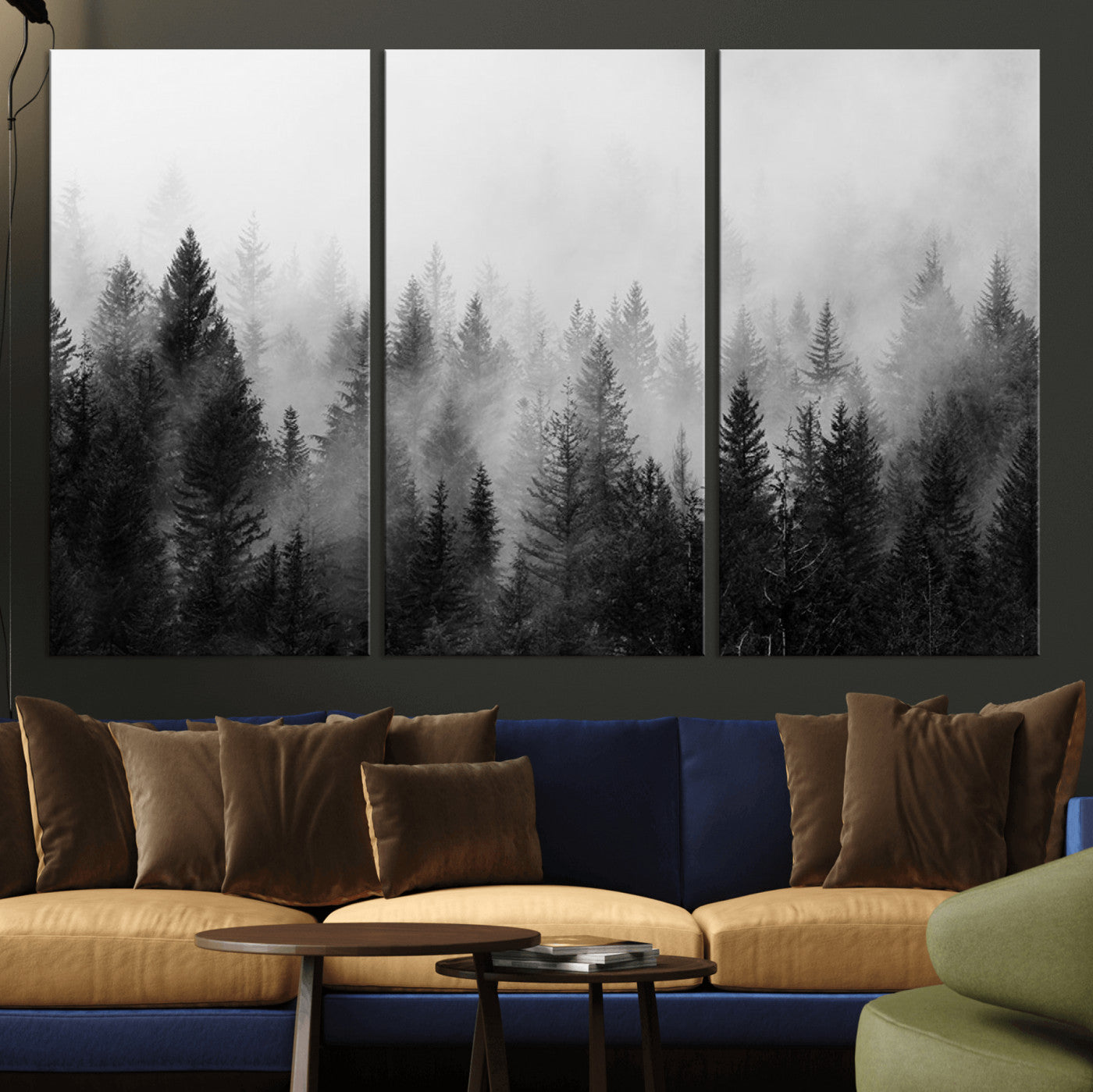 MGV-CV-48X32-3P - Foggy Black and White Forest Canvas Wall Art, 3 Panel Misty Pine Trees Canvas Print for Living Room,