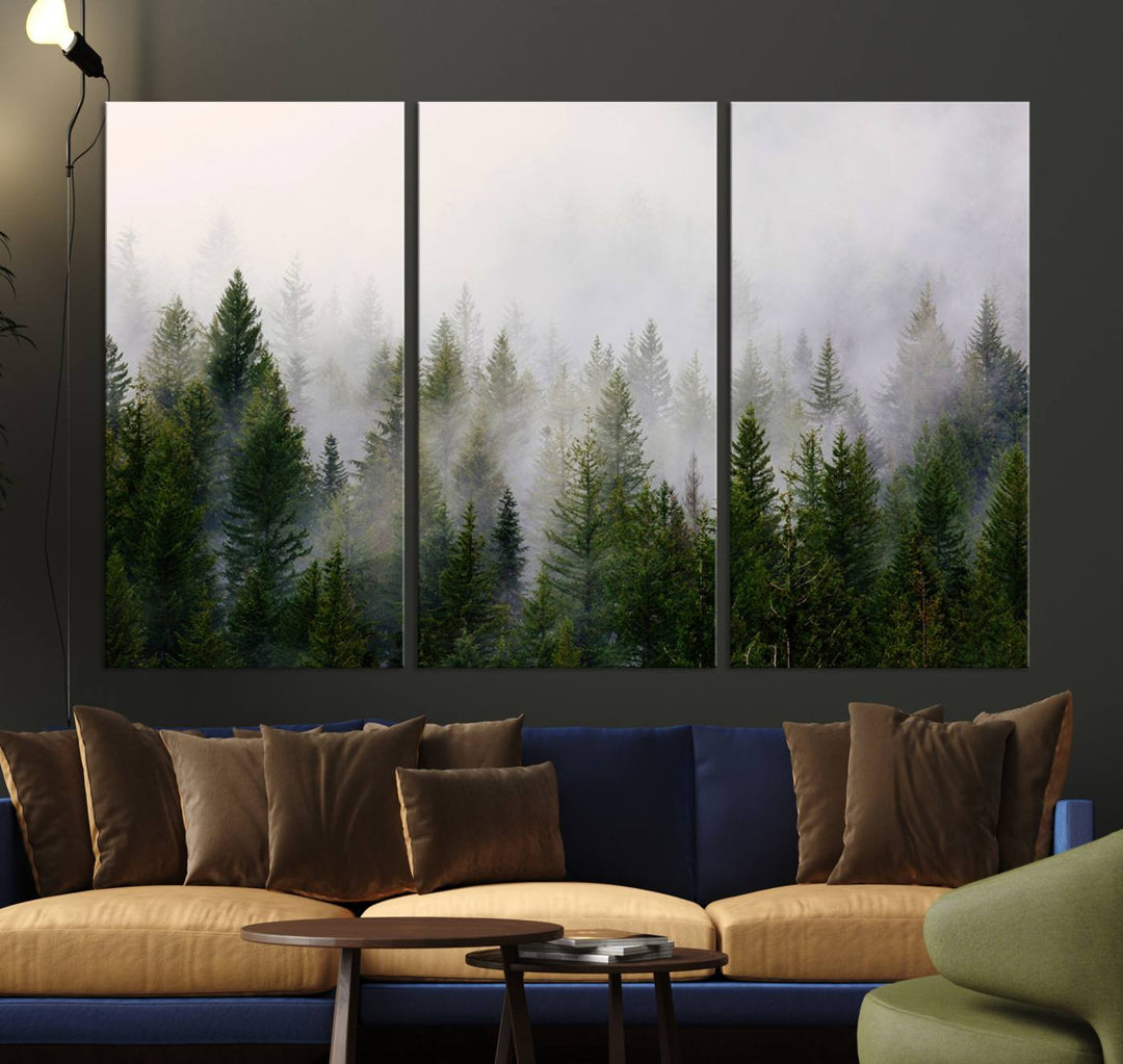 A serene, foggy evergreen forest creates a mysterious atmosphere, ideal for premium canvas wall art.