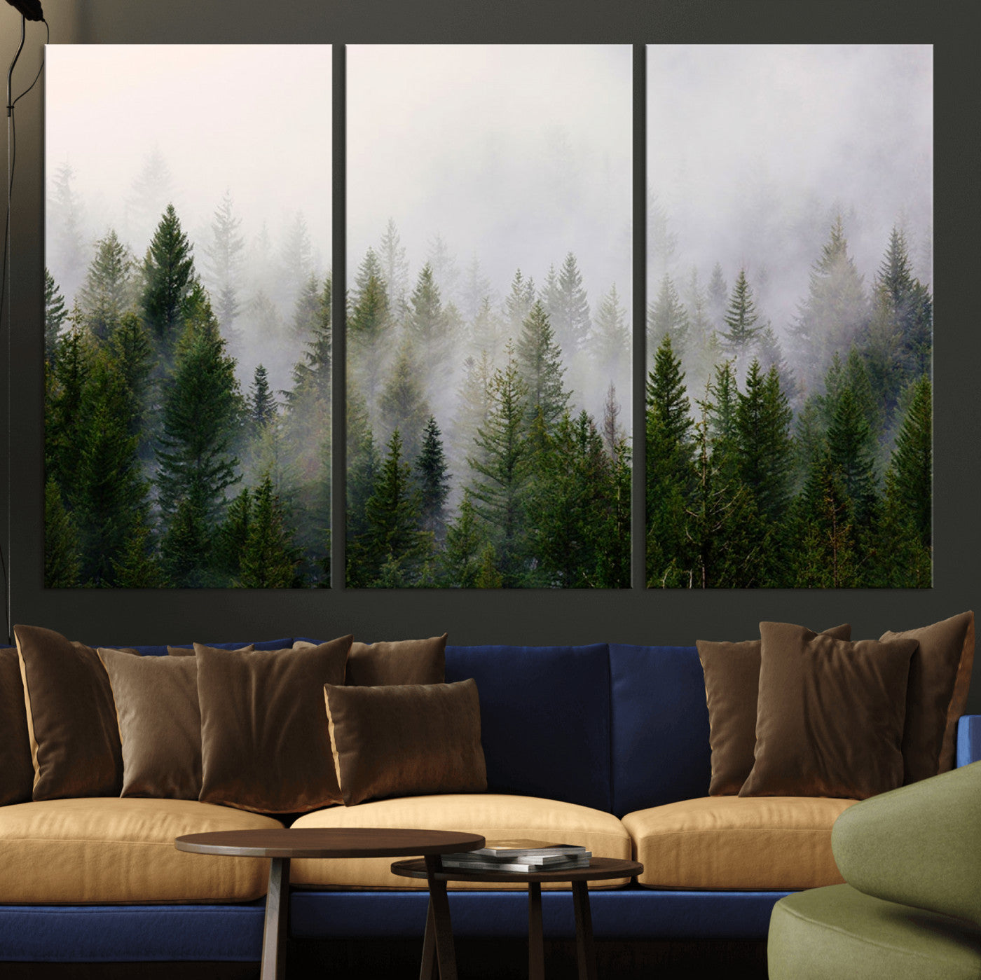 MGV-CV-48X32-3P - Misty Pine Forest Wall Art Canvas Print | 3 Panel Green Woodland Canvas Print for Living Room, Office, or Dining Room | Nature Foggy Forest Decor