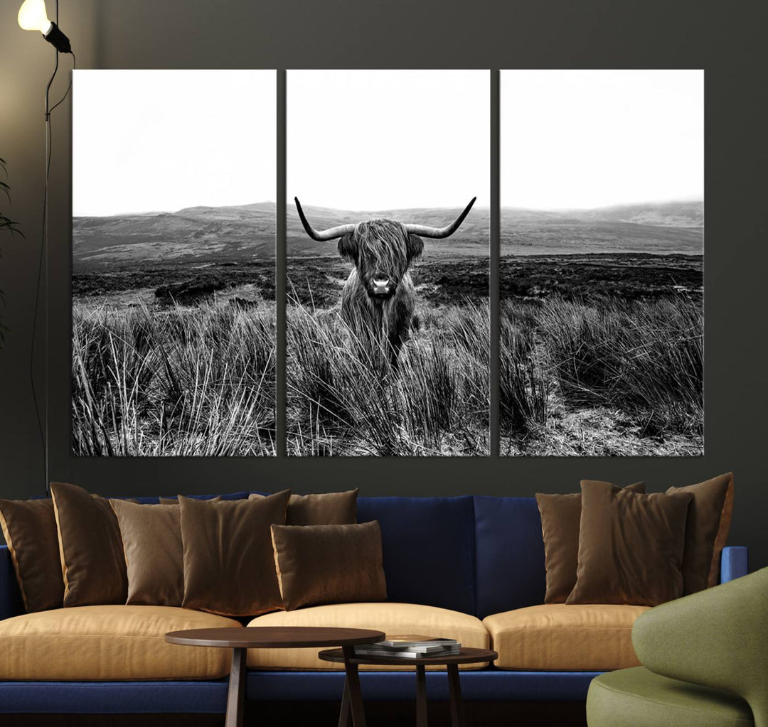 Dining room featuring a Black and White Highland Cow Canvas for a Western-themed decor.