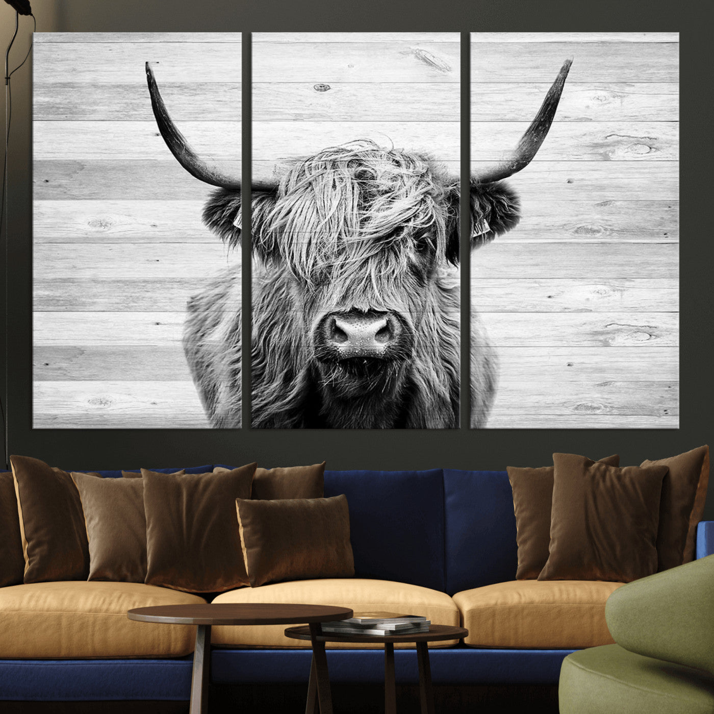 14634-MGV-CV-36X24-Scottish Highland Cow Cattle Art Print on Wood Background Style, Scottish Highland Cow Wall Art