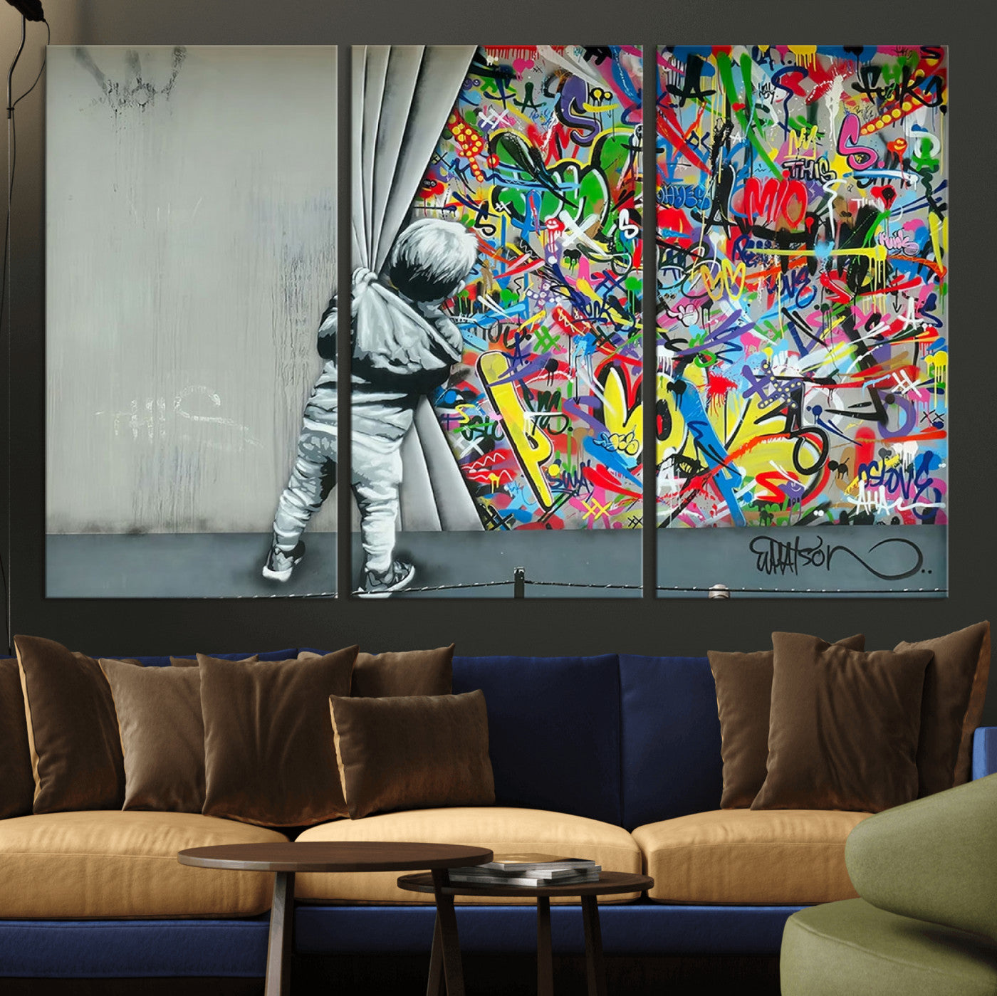 51713-MGV-CV-36X24-Banksy Colorful Street Graffiti Canvas Wall Art Print, Modern Art Triptych, Child and Graffiti Wall,