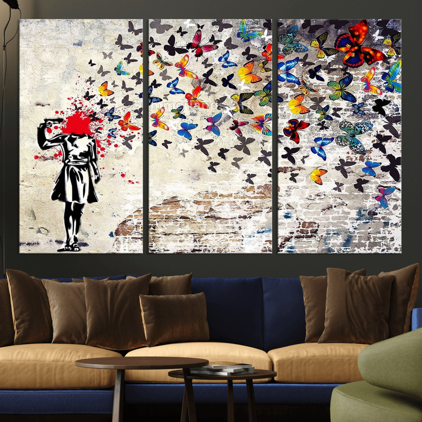 MGV-CV-48X32-3P - Banksy Art Butterfly Girl Explosion Canvas Art – Vibrant Urban Graffiti for Modern Interiors - Ready
