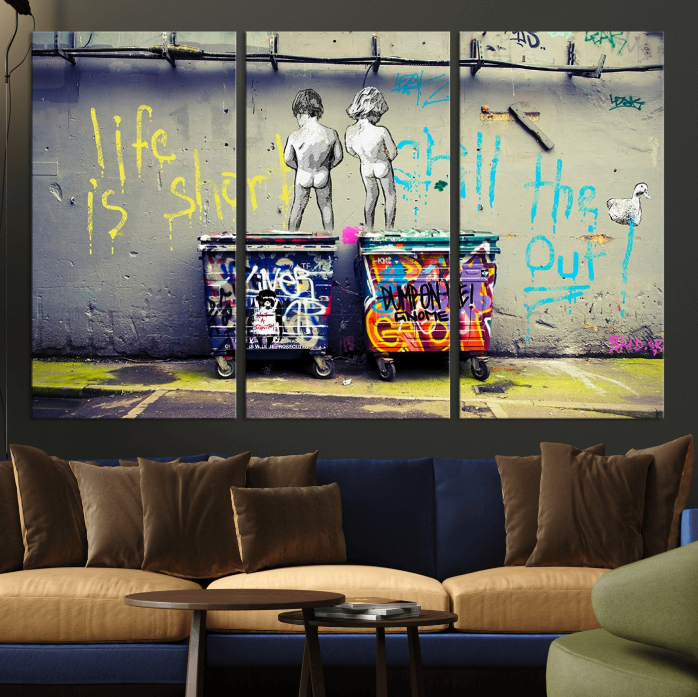 MGV-CV-48X32-3P - Banksy Life is Short Wall Art - Iconic Graffiti Art on Framed Ready-to-Hang Canvas - Street Art