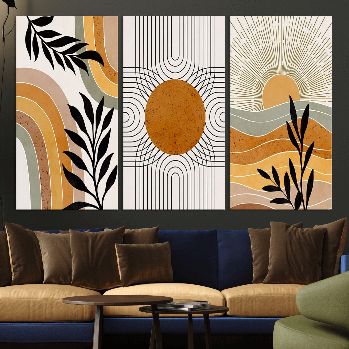 MGV-CV-48X32-3P - Modern Boho Sun and Leaf Abstract Art – 3-Panel Giclée Canvas for Mid-Century Modern or Bohemian