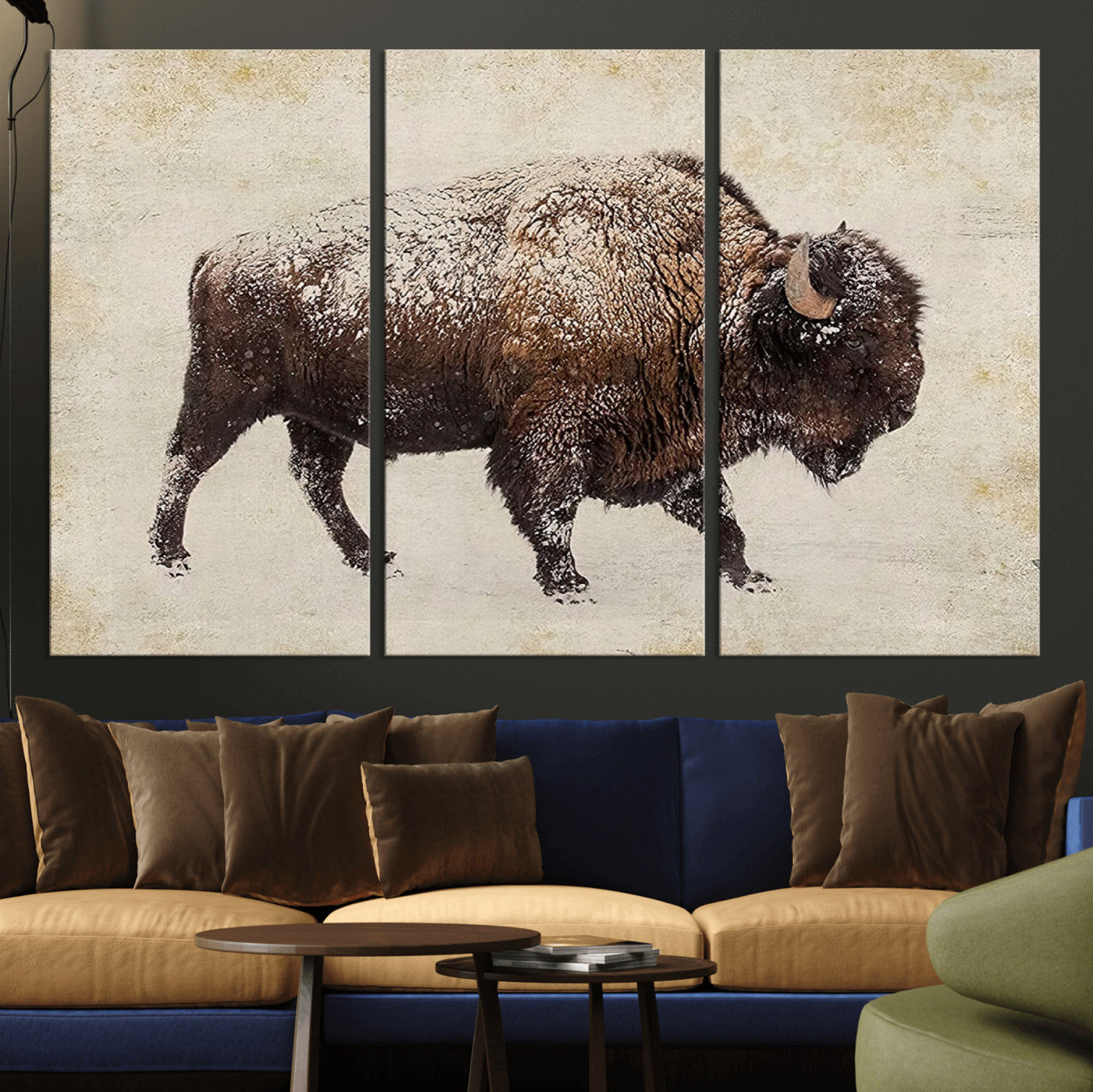 MGV-CV-48X32-3P - Buffalo Wall Art, Western Bison Canvas Print, Rustic Buffalo Art for Cowboy Western Decor, Large Multi-Panel Giclee Canvas for Farmhouse Wall Decor