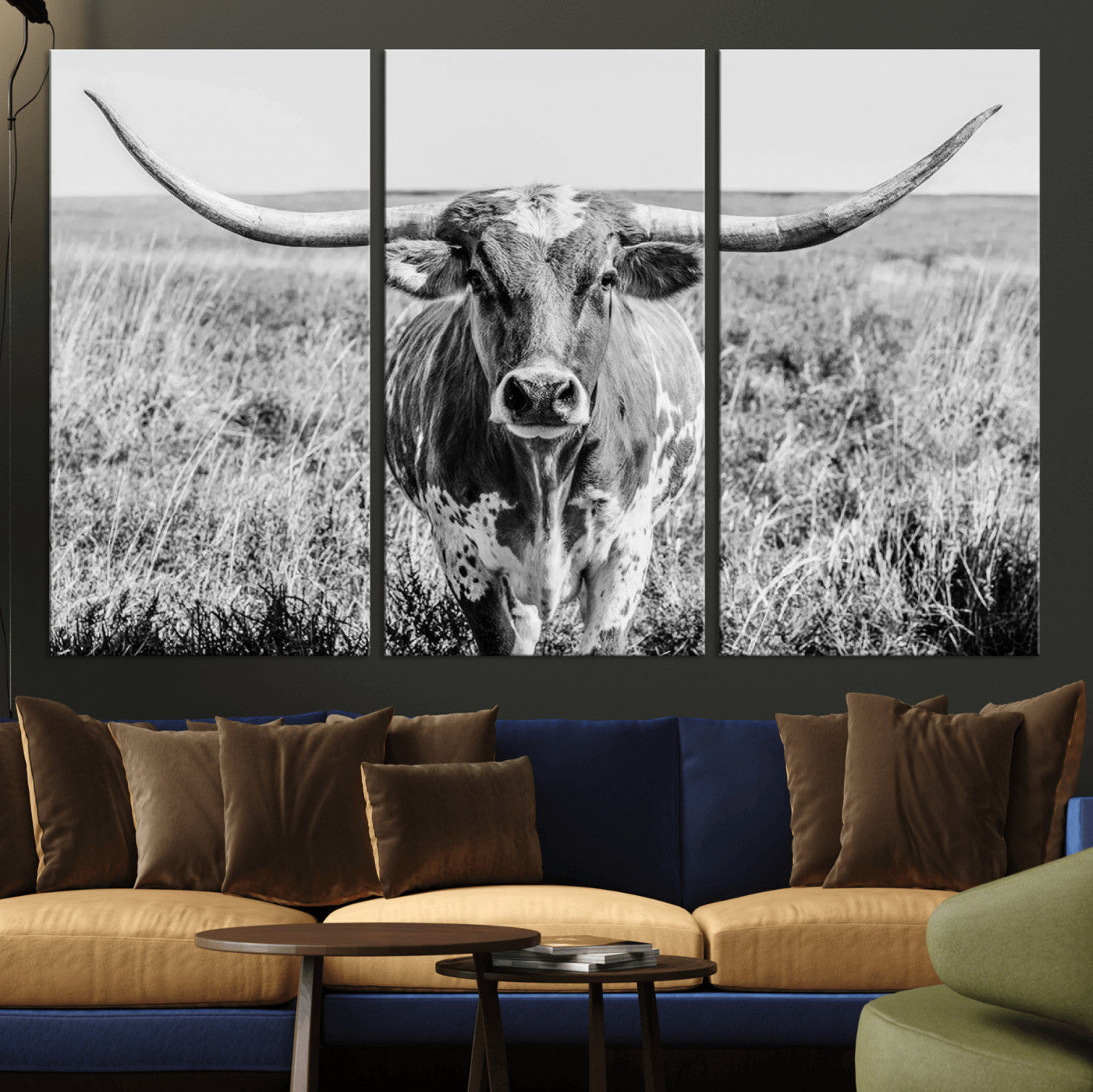 MGV-CV-48X32-3P - Texas Cow Longhorn Wall Art Canvas Print for Farm House Wall Decor, Farmhouse Wall Art Print