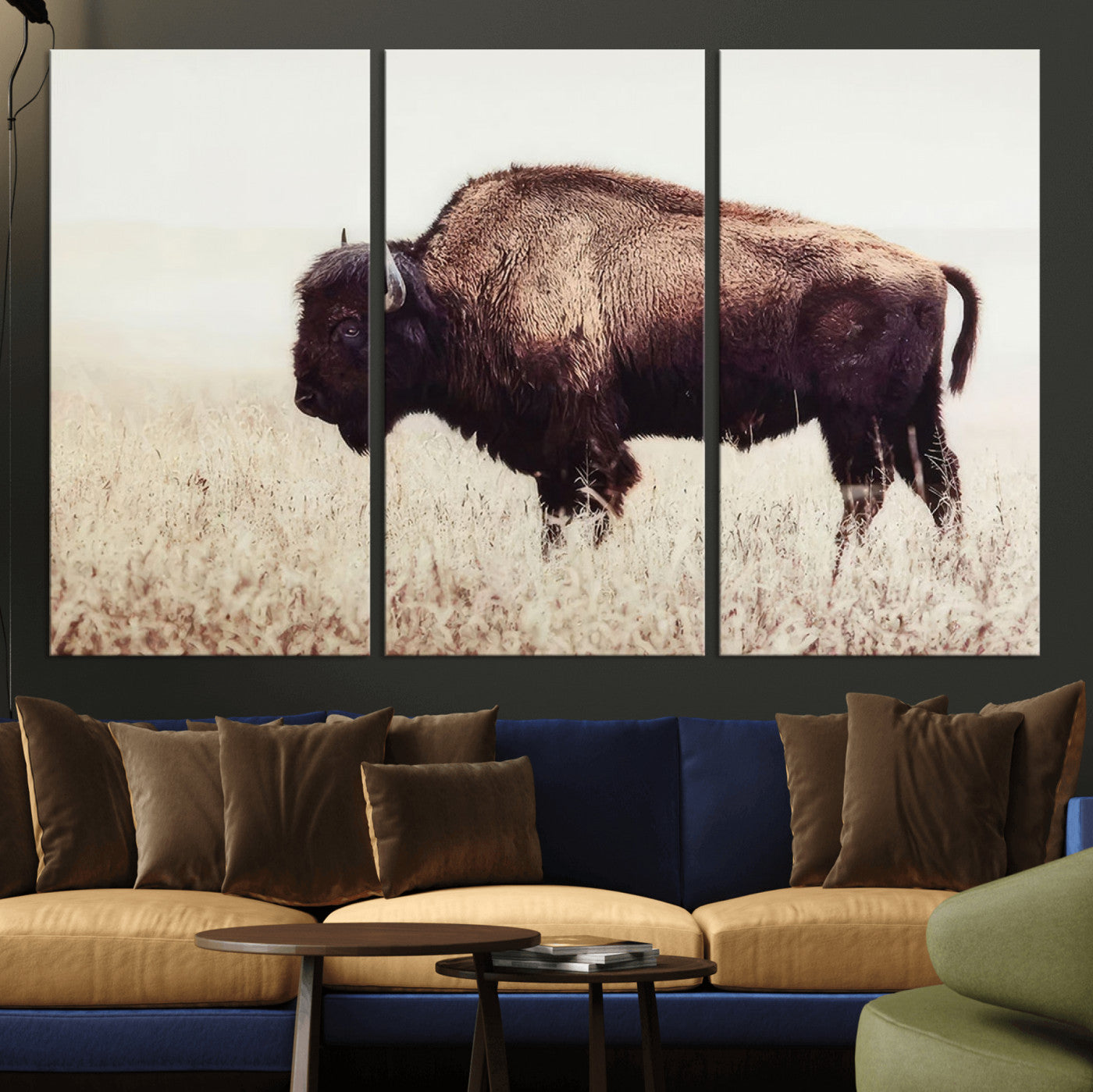MGV-CV-48X32-3P - Bison in Field Wall Art Canvas Print For Farmhouse Barn Decor