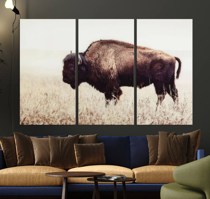 The dining room showcases the Bison in Field canvas print.