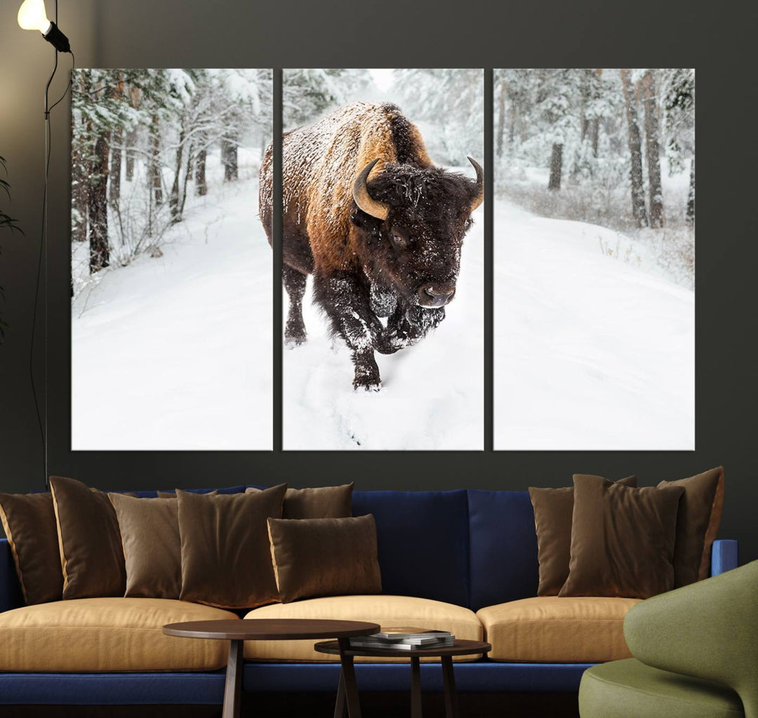 The dining area showcases the Bison Wall Art Canvas Print for Farmhouse.