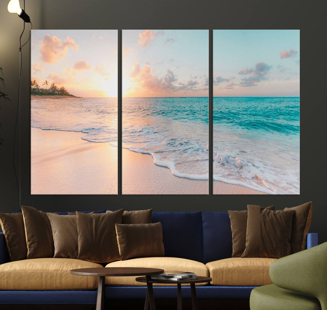 The kitchen features the Beach Sunrise Wall Art, Coastal Sunset Beach Scene.