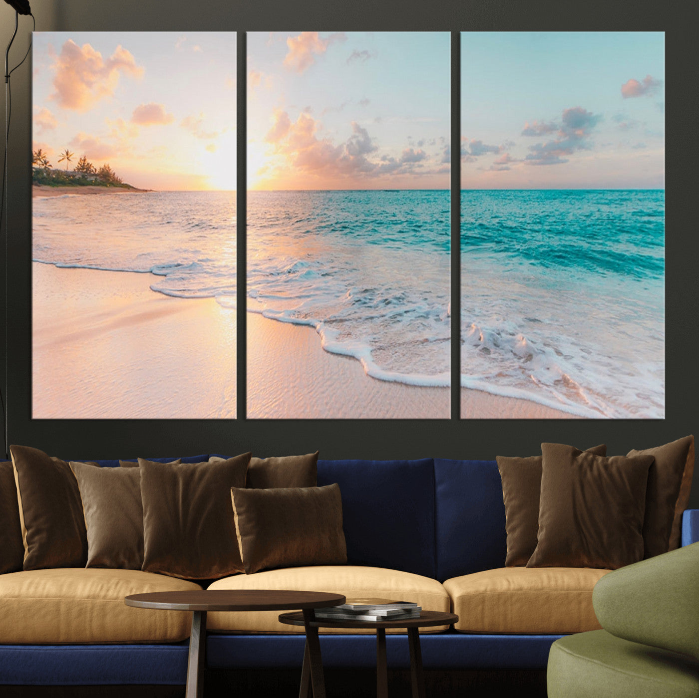 MGV-CV-48X32-3P - Beach Sunrise Wall Art, Coastal Seascape Canvas Print, Ocean Wave Multi-Panel Giclee, Coastal Sunset