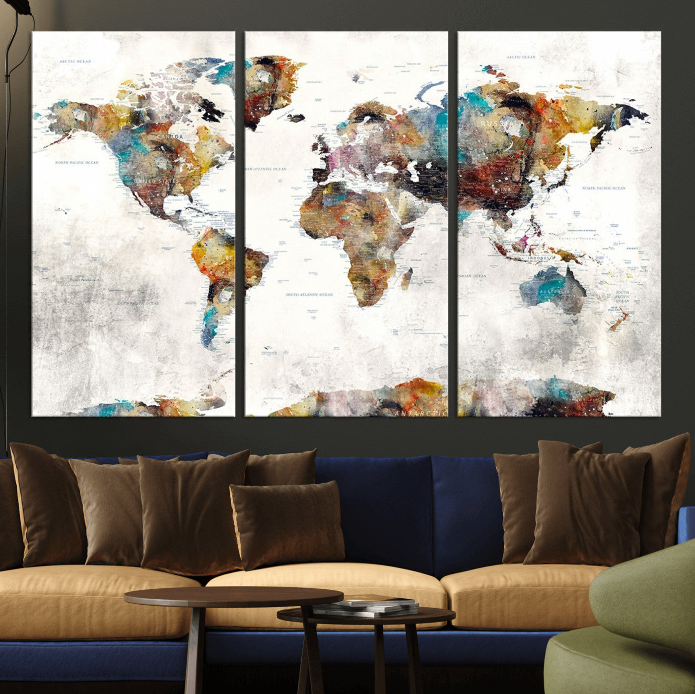 MGV-CV-48X32-3P - Push Pin World Map Canvas Print – Framed Wall Art for Couples to Track Their Travels – Anniversary