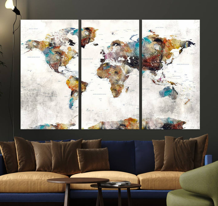 The Colorful World Map Wall Art Canvas Print adds vibrance to the space, ideal for geography lovers.