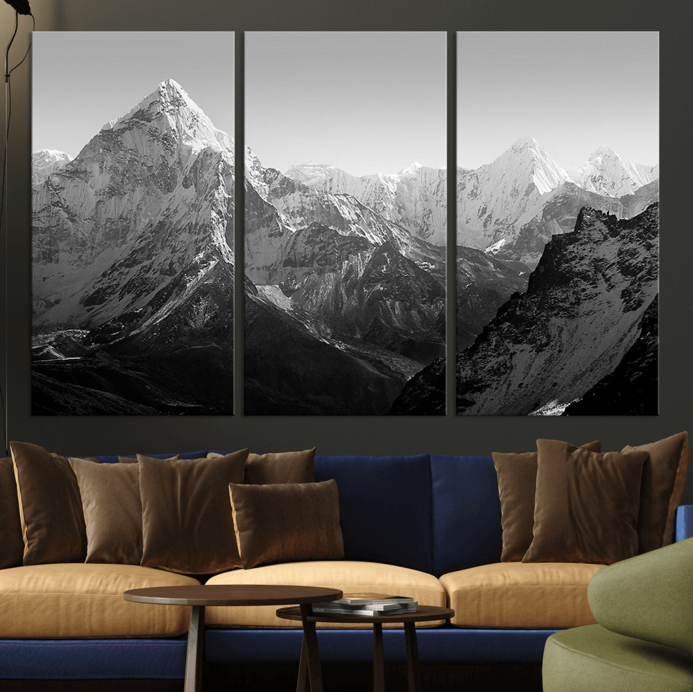 MGV-CV-48X32-3P - Everest Himalaya Mountain Peaks Black & White Triptych Canvas Art – Mountain Wall Decor, Everest