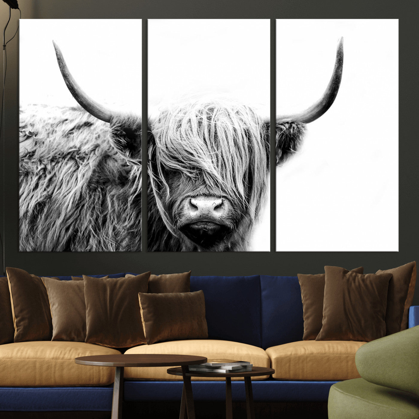 MGV-CV-48X32-3P - Black White Scottish Highland Cow Cattle Art Print Farmhouse Wall Art Canvas Print