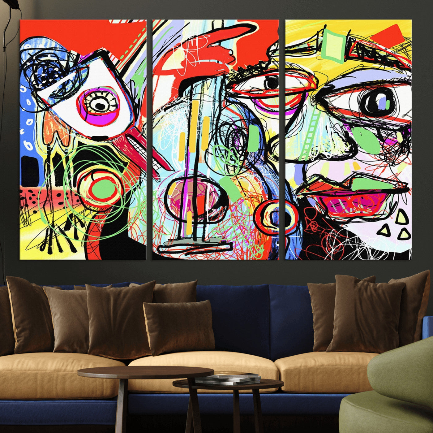 MGV-CV-48X32-3P - Picasso Style Art Abstract Canvas Wall Art Print , Colorful Abstract Artwork