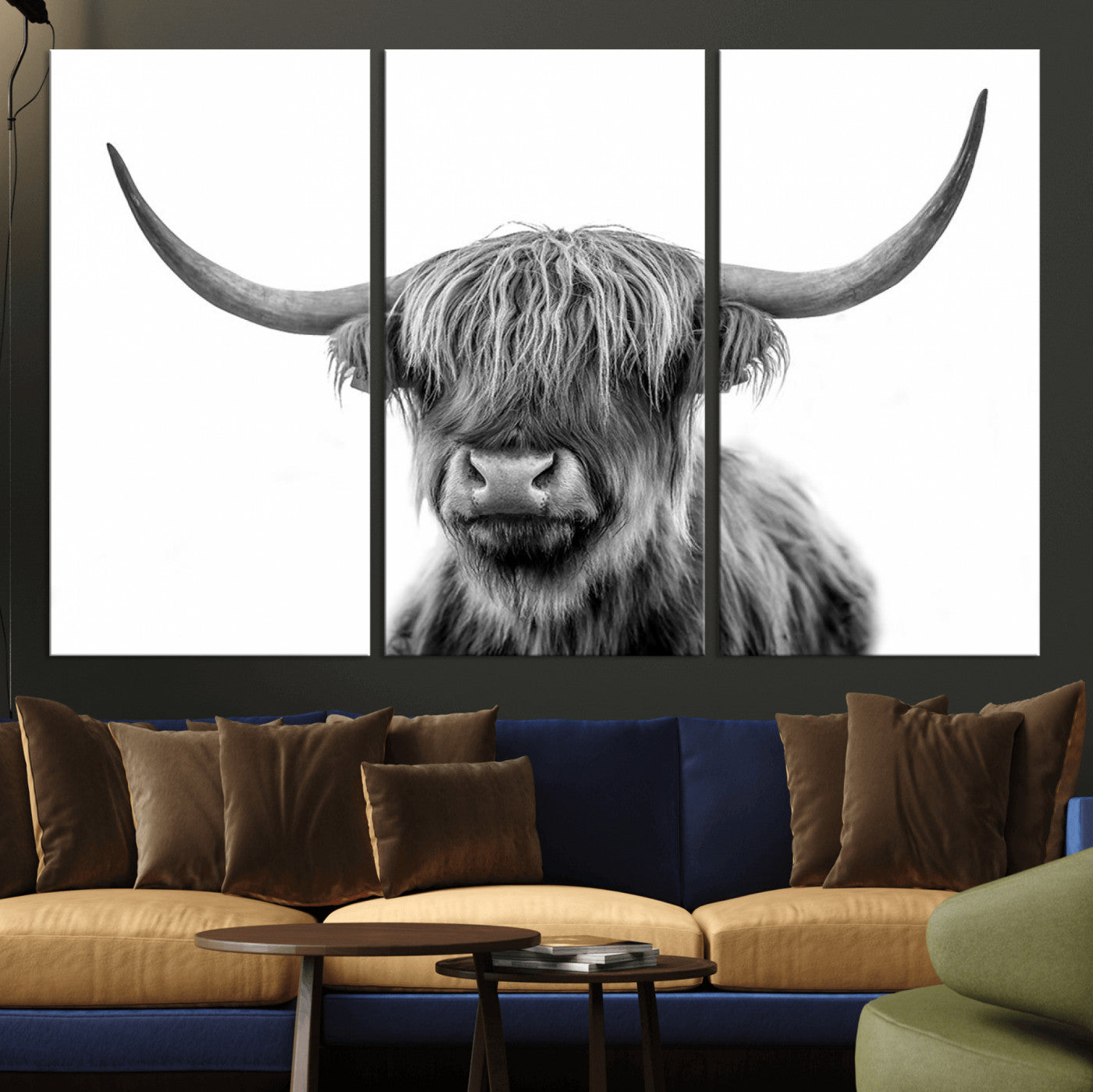 -Grayscale Scottish Highland Cow Cattle Art Print Farmhouse Wall Art Canvas Print