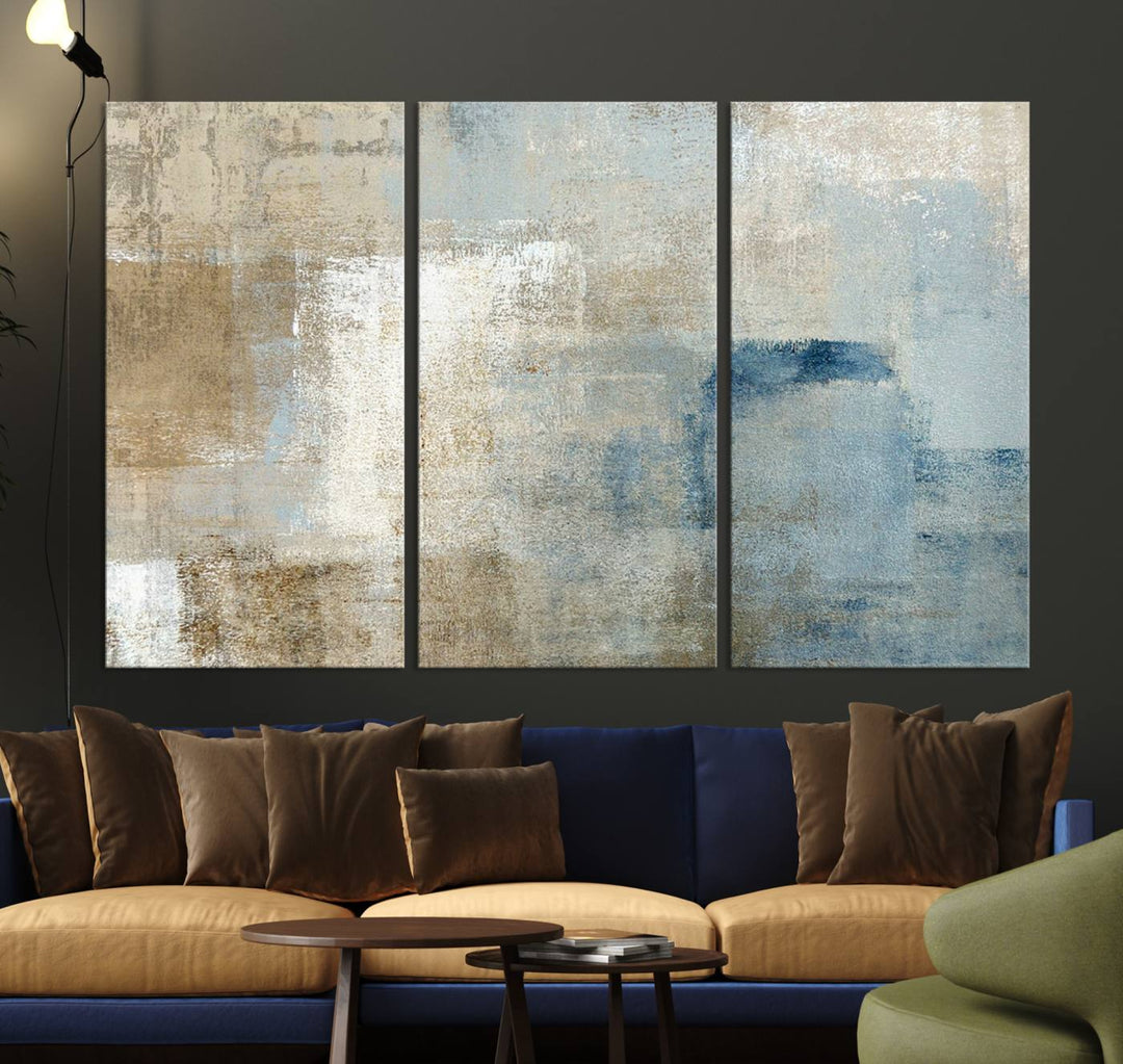 Abstract Blue and Beige Wall Art canvas print set with a modern minimalist aesthetic.