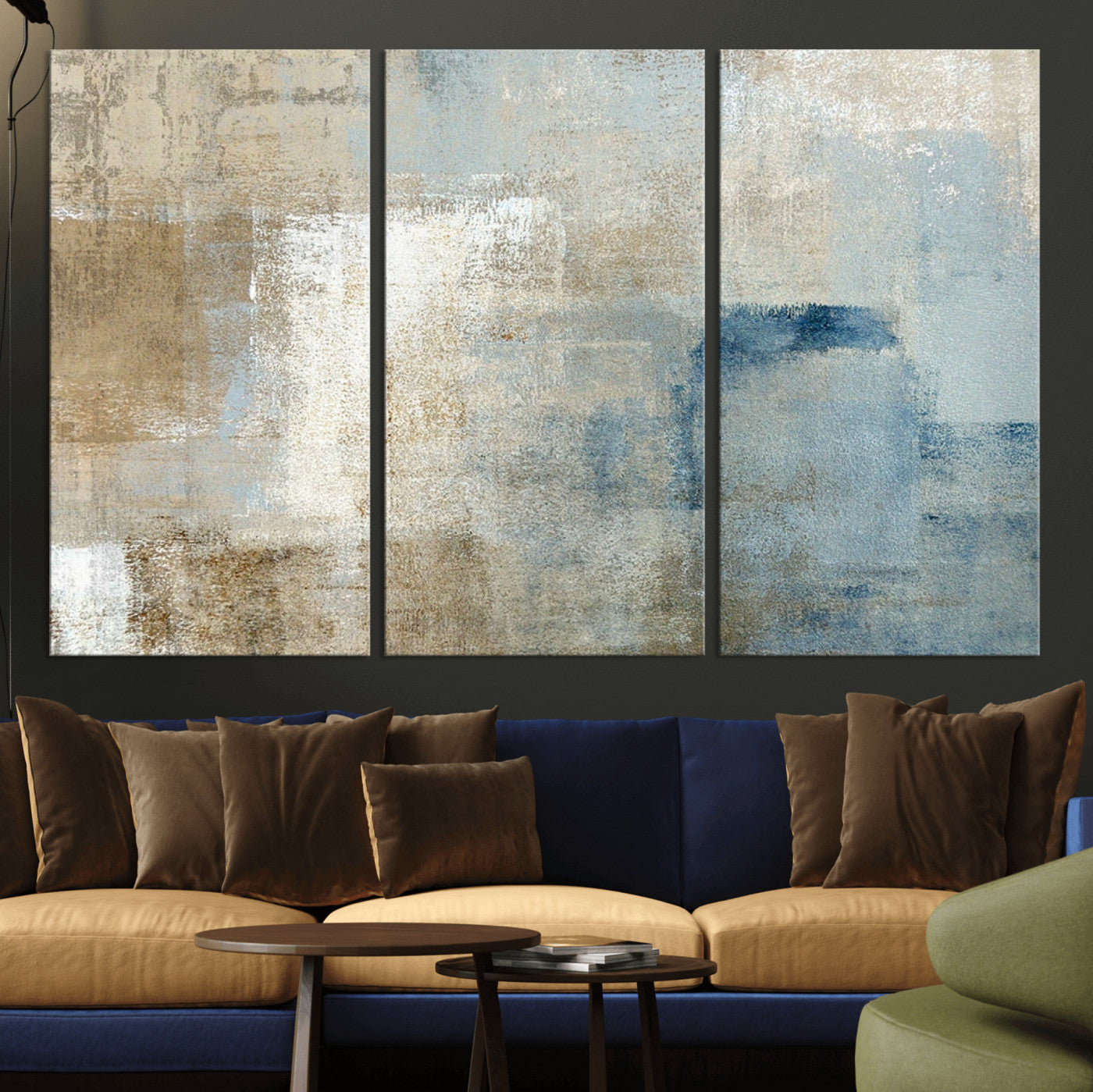 MGV-CV-48X32-3P - Abstract Blue and Beige Wall Art, Modern Minimalist Canvas Print Set, Giclee Textured Art, Large