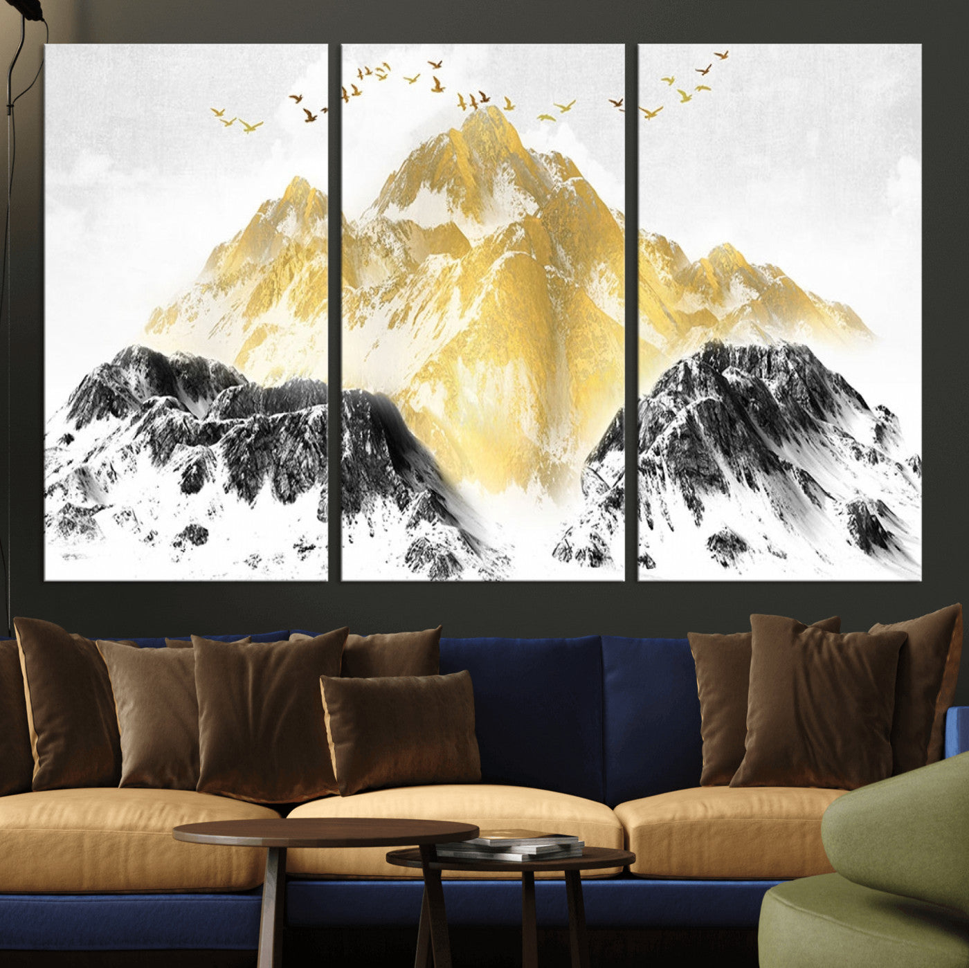 -Golden Mountain Triptych Wall Art Canvas Print, Modern Giclee Canvas Print, Nature Landscape Decor