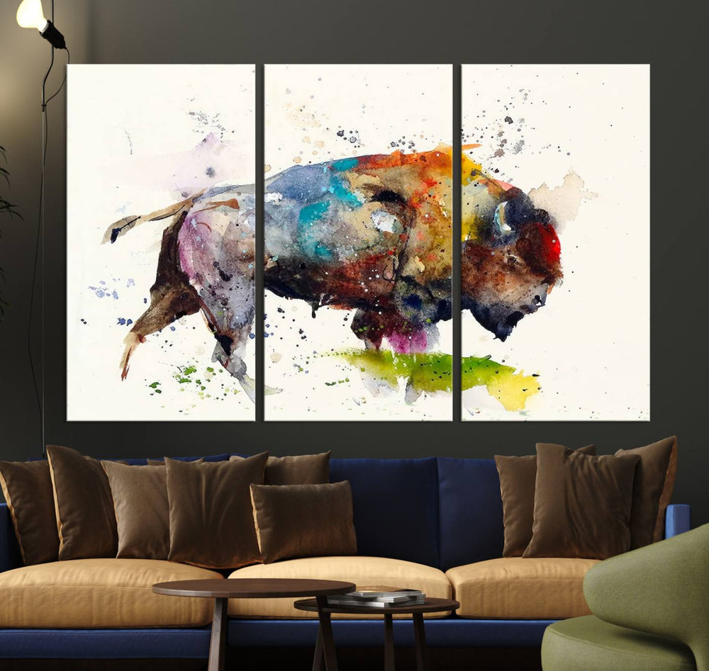 The dining area features Abstract Buffalo Wall Art, a colorful giclee multi-panel canvas.