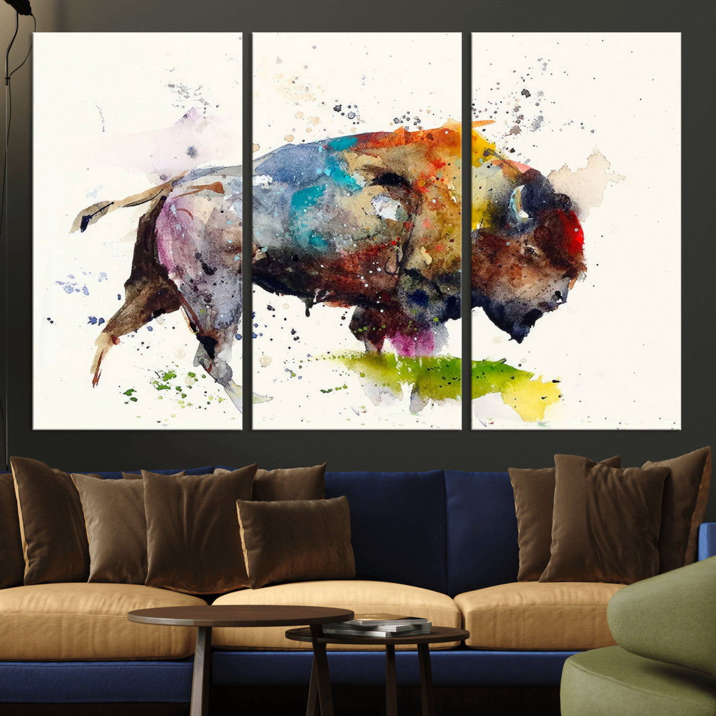 MGV-CV-48X32-3P - Abstract Buffalo Wall Art, Western Watercolor Bison Canvas Print, Rustic Buffalo Art for Cowboy and Western Decor, Large Multi-Panel Giclee Canvas