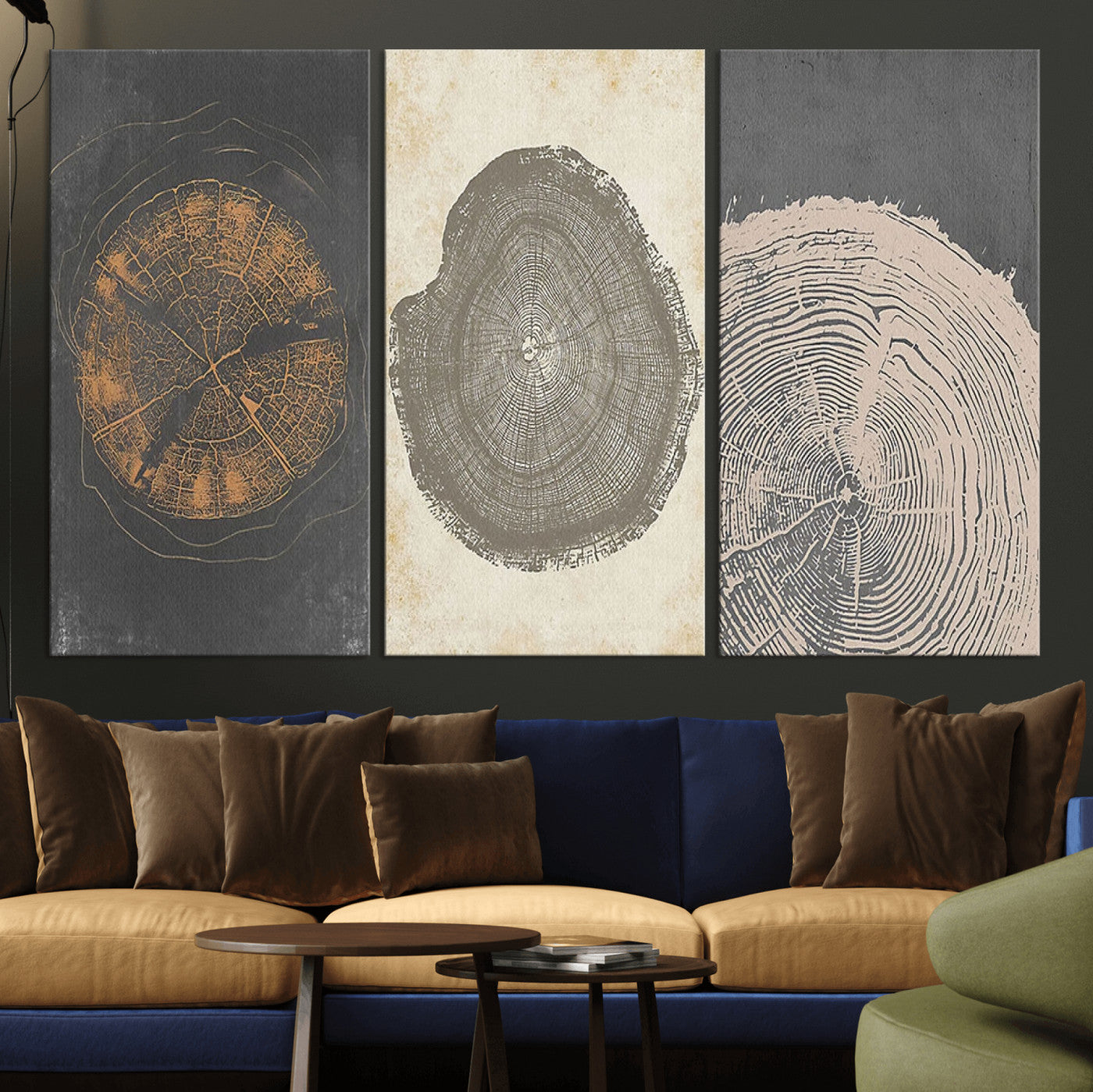 MGV-CV-48X32-3P - Boho Tree Ring Wall Art, Modern Minimalist Wood Grain Canvas, Tree Slice for Rustic Decor, Farmhouse