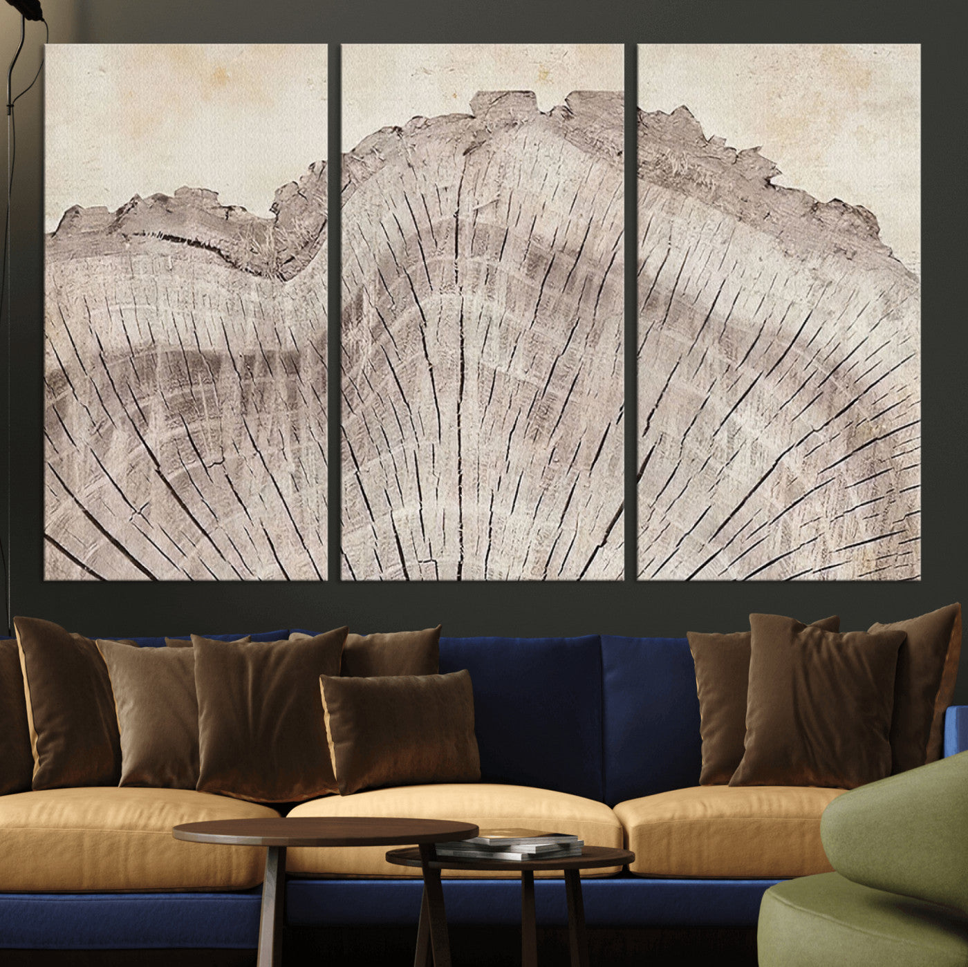 MGV-CV-48X32-3P - Tree Ring Wall Art Triptych, Rustic Wood Ring Canvas Print, Minimalist Wall Decor for Modern Homes