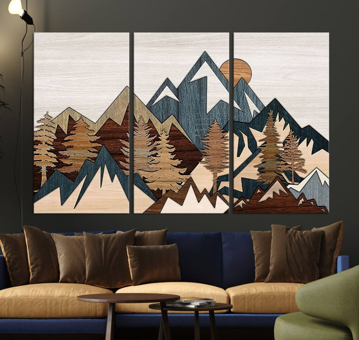 A Woodland Mountain Landscape Triptych serves as the centerpiece of the rustic decor.