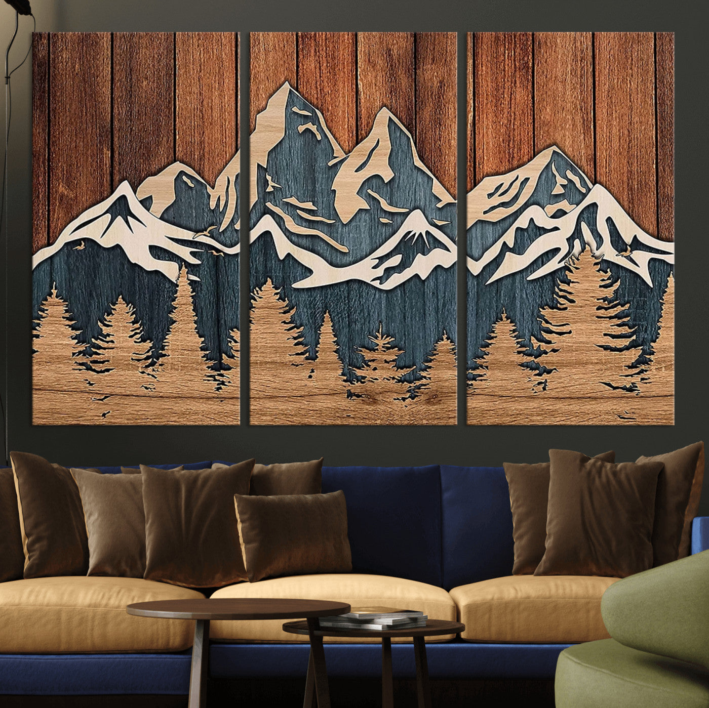 MGV-CV-48X32-3P - Rustic Wood Style Mountain Wall Art, Nature Forest Canvas Print, Wooden Textured Mountain Artwork, Handcrafted Landscape Decor for Farmhouse Decor