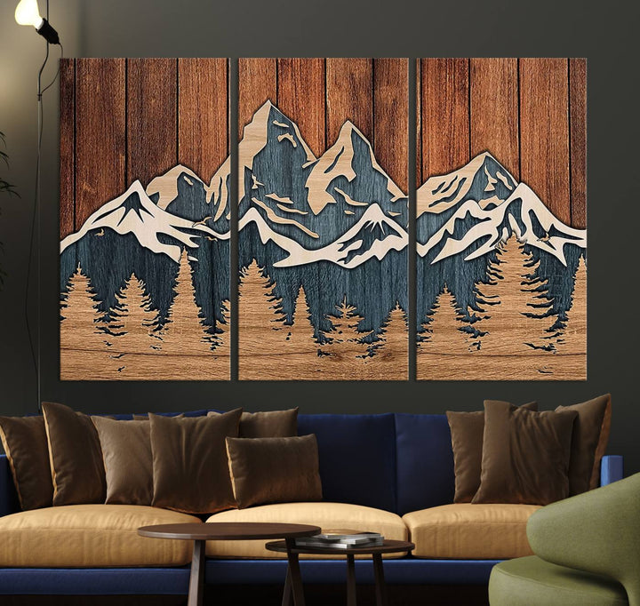 Rustic Wood Style Mountain Wall Art hangs on the wall.