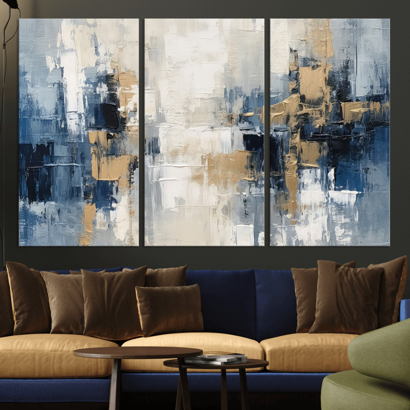 -Modern Abstract Canvas Wall Art in Blue and Gold Tones | Large Contemporary Art for Living Room,