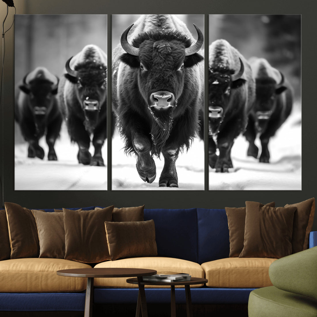 American Bison Art, Buffalo Herd Wall Art Canvas Print, Black and White
