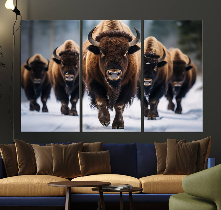 The dining room features an American Bison Herd Canvas Print against the snow.