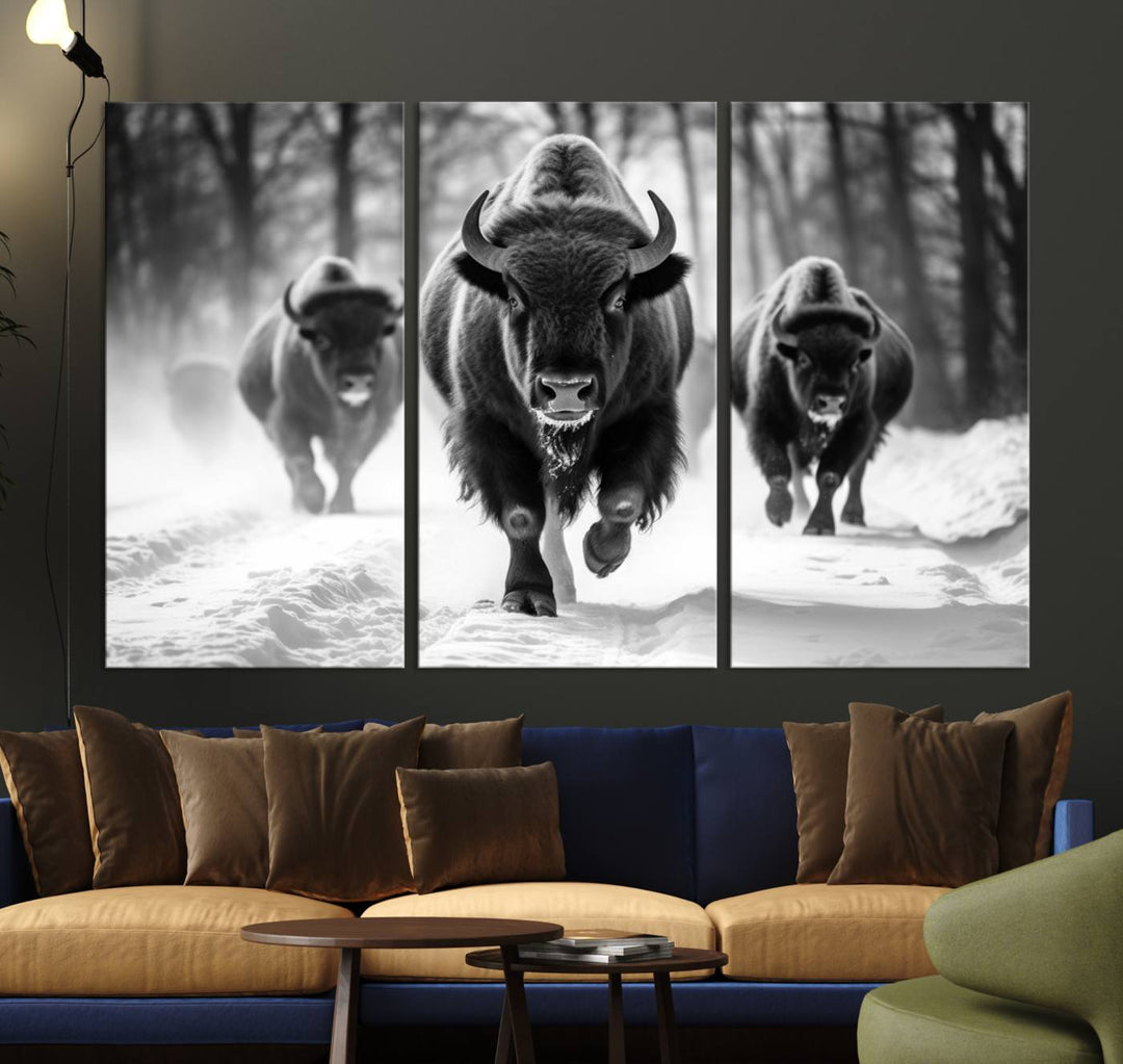 The Buffalo Wall Art Canvas Print of bison running through snow adorns the wall.